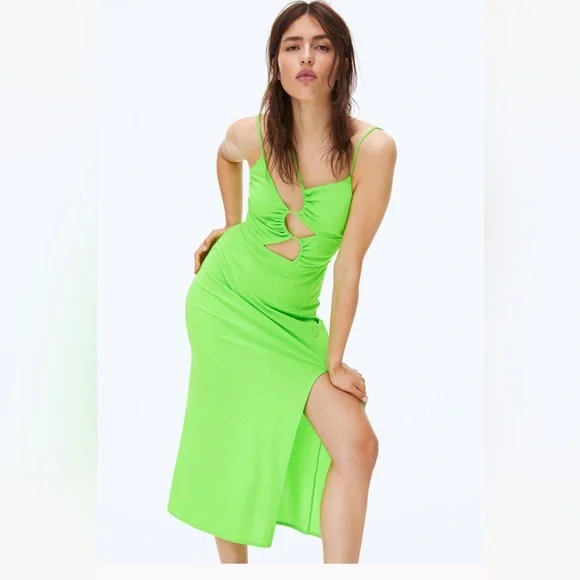 green emerald velvet dress Midi neon green dress with long sleeves and knot main image 1